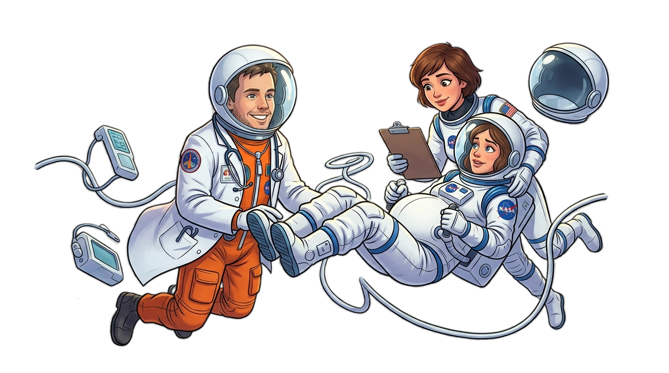 Gynecologist in spacesuit delivering a baby in space